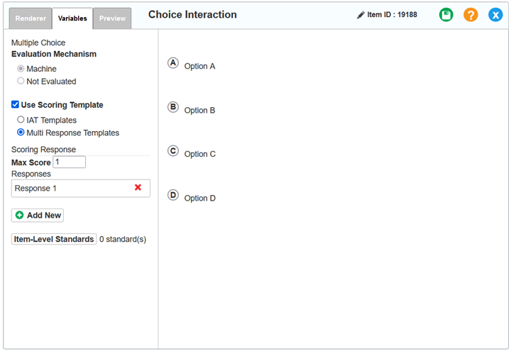 Choice interaction editor window: Multiple Select: Variables tab: multi-response scoring template